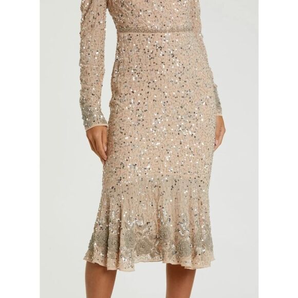 Mac Duggal Beige Sequin Dress with Embellished Hemline and Belt - Size 8 - NWT - Picture 3 of 6